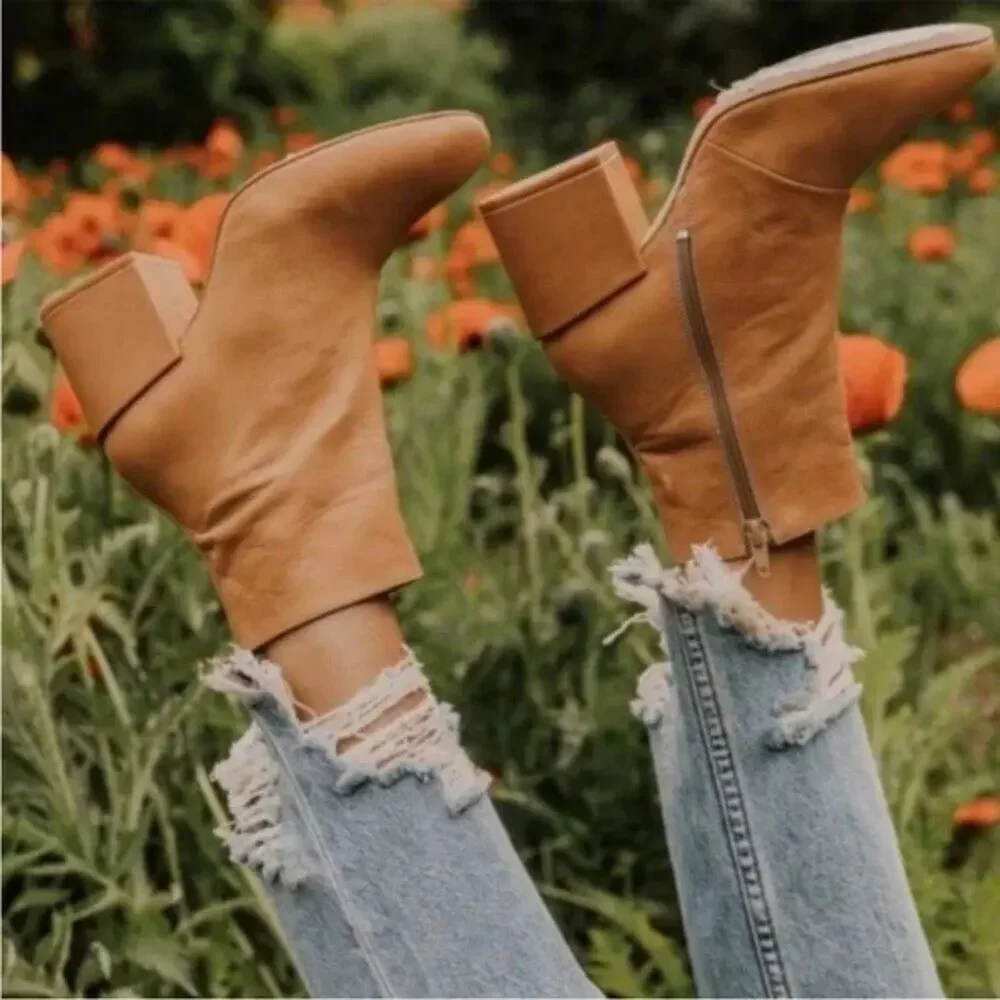 Free People Nicola Chunky Leather Booties SZ 6/36 Tan Block Heel Ankle Boots Zip - Picture 2 of 12